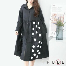 new TRUBE　【L〜LL】フリル使いドット切替ロングシャツ(C38-557)デイリーファッション 普段着 おしゃれ着　（ワンピース単品の価格です）ミセス ミセスファッション 大人可愛い 30代 40代 50代 60代　若見え　洋服　婦人服　可愛い服 長袖