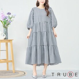 newwTRUBE【M〜L】チェック柄ギャザーワンピース　(C08-229)普段着 おしゃれ着　（ワンピース単品の価格です）ミセス ミセスファッション 大人可愛い 30代 40代 50代 60代　若見え　洋服　婦人服　可愛い服　夏　春 7分袖　夏ワンピース