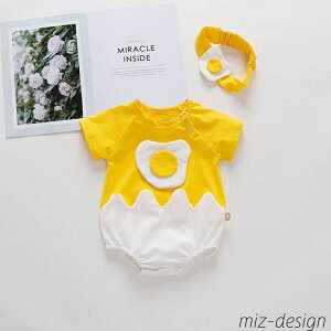 【送料無料】赤ちゃん 女の子 男の子 カバーオール 2点セット 卵柄 半袖 夏 ベビードレス キッズドレス 子供ドレス ヘッドバンド付き 出産祝い