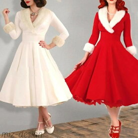 【送料無料】クリスマスドレス ファー Vネックドレス レトロドレス 膝丈 フレアドレス 細身 クリスマス コスプレ ドレス 大きい裾 パーティードレス