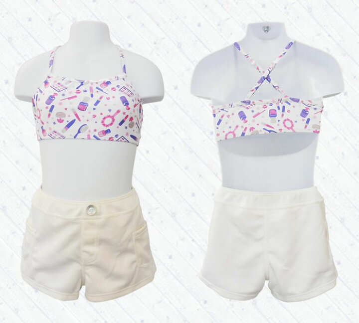 最大57 Offクーポン 水着 女の子 セパレート キッズ 上下セット ビキニ タンキニ Tシャツ ショートパンツ 子ども ジュニア スクール 小学生 中学生 子供水着 キッズ水着 女の子水着 コスメ柄 おしゃれ かわいい 送料無料 140 150 160 170 0381 Cmdb Md