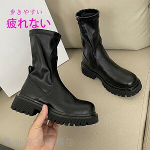 レディース ローヒール ショットブーツ ブーティ リベット付き 履きやすい 美脚ブーツ お洒落 サイドゴアブーツ 厚底