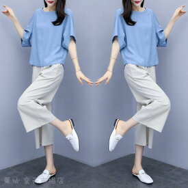 レディースセットアップ 夏セット パンツスーツ tシャツ＋パンツ 半袖 ゆるパンツ ルーズ 綿麻 大人 20代 30代 40代 抜け感 ロング ボトムス トップス