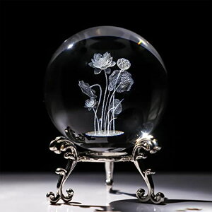 3D クリスタルボール ガラス玉 置物 3D Engrving Crystal Lotus Flower Figurine Crystal Ball with Sliver-Plated Flowering Stand Glass Decorative Ball Sphere for Home Decor 2.3 inch (60mm) 【並行輸入品】