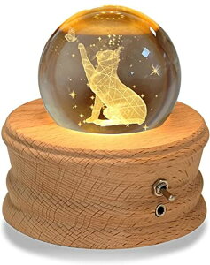 3D クリスタルボール ガラス玉 置物 【Valentine's Day Gift】Kibuhain 3D Crystal Ball Music Box with Projection LED Light and Rotating Wooden Base, Best Gift for Christmas Birthday Valentine's Day, Music Boxes for Women Mom Girls(Cat) 【並