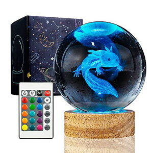 3D NX^{[ KX u 3D Axolotl Crystal Ball Night Light with 16 Color LED Wooden Base, Upgraded 3.15 Inch Axolotl Glass Ball Lamp with Remote Control Cool Desk Decor Gifts for Kids Girls Boys Friends Fans ysAiz