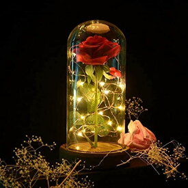 ガラスドーム 花 バラ ローズ Preserved Rose Enchanted Rose Red Silk Rose in Glass Dome with LED Lights Pine Base, Romantic Home Decor Gifts for Mothers Day Wedding Anniversary Birthday Valentines Day 【並行輸入品】