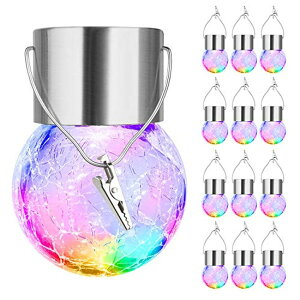 LED�\�[���[���C�g �\�[���[�p���[ �K�[�f�����C�g MAXvolador 12-Pack Hanging Solar Lights Outdoor, Decorative Cracked Glass Ball Light, Solar Powered Waterproof Globe Lighting with Handle for Garden, Yard,Patio,Tree,Holiday(Multicolo �y