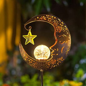 LEDソーラーライト ソーラーパワー ガーデンライト Hapjoy Solar Lights Outdoor Garden Decor Solar Moon Lantern for Patio,Lawn or Pathway Moon Decorations Crackle Glass Globe Stake Metal Lights Waterproof Warm LED Garden Gifts (Bronze) 【並行輸入品】