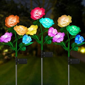 LED\[[Cg \[[p[ K[fCg Solar Garden Lights Outdoor Decorative, RECHOO 3 Pack Solar Garden Lights with 12 Rose Flowers, Multi-Color Changing LED Waterproof Solar Powered Garden Decor for Patio Yard Pathway D y