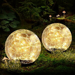 LED�\�[���[���C�g �\�[���[�p���[ �K�[�f�����C�g Solar Ball Lights Outdoor, 2 Pack 60 LED 4.7inch Crack Glass Globe Garden Solar Lights Warm White, Waterproof Solar Power Ground Lights for Path, Yard, Patio, Lawm, Outdoor Decoration �y