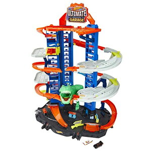 zbgEB[ X^[gbN _Eq[X vCZbg Hot Wheels Ultimate Garage Track Set with 2 Toy Cars, Hot Wheels City Playset with Multi-Level Side-by-Side Racetrack, Moving T-Rex Dino & Hot Wheels Storage for 