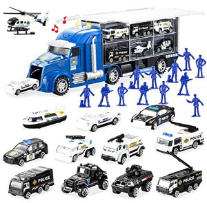 �z�b�g�E�B�[�� �����X�^�[�g���b�N �_�E���q�����[�X �v���C�Z�b�g JOYIN 25 in 1 Die-cast Police Rescue Truck Car Toy Set with Sounds and Lights, Mini Police Vehicles in Carrier Truck, Play Police Patrol Rescue Vehicle Toy, Birth