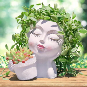 킢 j[N ʔ  v^[ Aؔ  vomiceak Face Planter Pots Head, Flower Pots Planters for Indoor Plants - Double Cute Plant Pots for Succulent with Drainage Holes - Ideal Present Ideas (White Lady) ysA