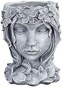 킢 j[N ʔ  v^[ Aؔ  Yanmilia Head Planter Face Flower Pot Goddess Statue Planter Decorative Girl Portrait Planter Indoor Outdoor Girl Face Flower Vase Container Planter (Gray) ysAiz