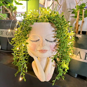 킢 j[N ʔ  v^[ Aؔ  ASDFG Solar-Face Flower Pot Head Planter Pots - LED String Lights Warterproof Resin Succulent Cactus Planters Pots with Drainage Hole Cute Lady Closed Eyes Indoor Outdoor Garden De 