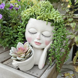 킢 j[N ʔ  v^[ Aؔ  ASDFG Face Plant Pot - Double Flower Pots for Indoor Outdoor Plants Resin Head Planter with Drainage Hole Cute Lady Face Plant Pots, Garden Decoration Planters, Medium ysA