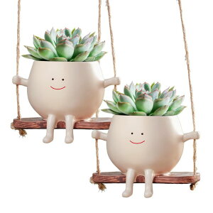 かわいい ユニーク 面白い 癒し プランター 植木鉢 鉢 2 PCS Swinging Face Plant Pots 【2024 THICKEN VERSION】Unique Cute Hanging Succulent Cactus Flower Head Resin Planters Pots for Indoor & Outdoor, Creative Novelty Decorative Plante