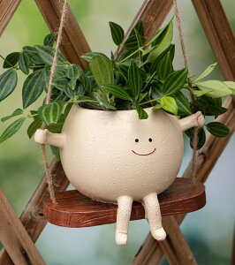 킢 j[N ʔ  v^[ Aؔ  RZOIKZOI Hanging Planter,Cute Swinging Planter with Smiley Face, for Indoor/Outdoor Plants,Swinging Plant Pot Hanging with Drainage Hole, (Swing,Khaki) ysAiz