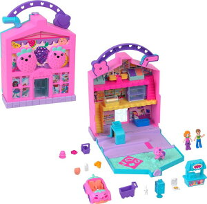 |[[|Pbg l` tBMA  Polly Pocket Pollyville Fresh Market Dolls & Playset, Food Toy with 2 Micro Dolls, 12 Accessories Include Toy Car & Pet ysAiz