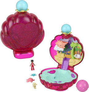 �|�[���[�|�P�b�g �l�` �t�B�M���A �������� Polly Pocket Dolls & Accessories, Sparkle Beach Shell Compact with Micro Doll & Ocean Pet, Travel Toy with Water Play, �y���s�A���i�z