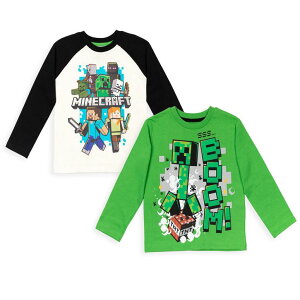 �}�C�N�� �������� �N���[�p�[ Minecraft Creeper Mobs Little Boys 2 Pack Long Sleeve T-Shirts White/Green 7-8 �y���s�A���i�z