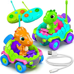 R J[ Mtg RC   MindSprout Dino Chasers Set of 2 Rechargable Remote Control Car for Toddler, Kids Toys Age 2 3 4 5, Boys & Girls Birthday Gift, Dinosaur Toy 2-4, LED Lights & Music, Batteries Included ysAiz