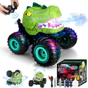 �����R�� �J�[ �M�t�g RC �������� �� Drefirsa Remote Control Dinosaur Car for Boys Age 4-7 8-12, 50min+ Runtime Monster Truck Toy with Spray, Light, Music, 360 Rotating, 90 Driving, All Terrain Dinosaur Toy for Kid Birthday Xmas Gif �y���s