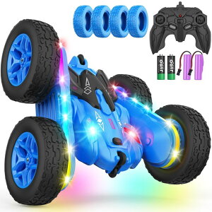 R J[ Mtg RC   Terucle Remote Control Car, Rc Cars Stunt RC Car Toys New Upgraded Strip Lights and Headlights Car Toys Double-Sided 360° Rotating 4WD Rc Drift Truck for Boys Girls Birthday Gift (Blue) ysA