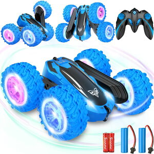 �����R�� �J�[ �M�t�g RC �������� ���� KKONES Remote Control car,2.4GHz Electric Race Stunt Car,Double Sided 360° Rolling Rotating Rotation, LED Headlights RC 4WD High Speed Off Road for 3 4 5 6 7 8-12 Year Old Boy Toys (Blue) �y���s�A