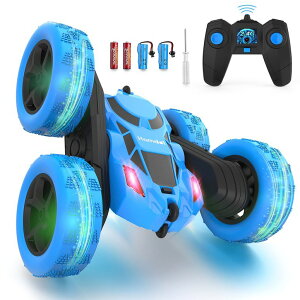 �����R�� �J�[ �M�t�g RC �������� ���� Hamdol Remote Control Car Double Sided 360°Rotating 4WD RC Cars with Headlights 2.4GHz Electric Race Stunt Toy Car Rechargeable Toy Cars for Boys Girls Birthday (Blue) �y���s�A���i�z
