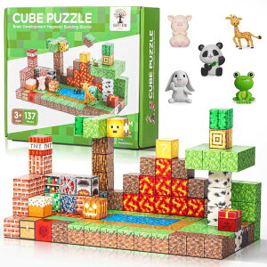�}�C���N���t�g �}�C�N�� Early Edu Central 137PCS Magnetic Building Blocks Construction - STEM Magnetic Toys Sensory Set with Animal Figurines & Booklet - 1 Magnet Cube for Boys Girls, Game Based Magnetic Blocks for Kids 3-9 �y���s�A���i�z