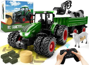 R J[ Mtg RC   Uarzt Remote Control Tractor Toy, Kids RC Tractor Set & Truck and Trailer Front Loader - Metal Car Head/8 Wheel/Light, Toddlers Farm Vehicle Toys for 3 4 5 6 7 8 9 Year Old Boys Girls Birthday Gi ys