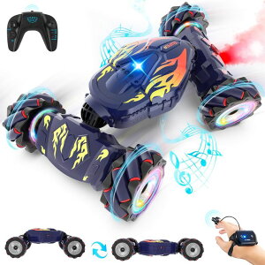 R J[ Mtg RC   Pristar RC Cars, Gesture Sensing RC Stunt Car Toys for Boys Girls 6-12, 2.4Ghz 4WD Remote Stunt Car with Spray Lights Music 360° Rotate Fast Off-Road Transform, Birthday Xmas Gifts for Kids Age ys