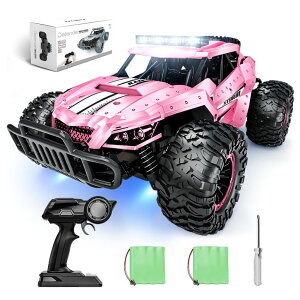 R J[ Mtg RC   Tecnock Pink RC Car 1/16 Scale Remote Control Car for Girls, High Speed 20 Km/h All Terrains Rc Monster Truck with Two Rechargeable Batteries & Head Chassis Lights Gift Toy for Kids Adults ysA