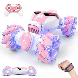 R J[ Mtg RC   Powerextra Gesture Sensing Rc Stunt Car with Light & Music for Girls, 4WD Hand Controlled Double Sided 360° Flips Off Road Transform Remote Control Car with LED Light, Toy Gift for Age 8+ Kids, ys