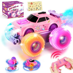 R J[ Mtg RC   Drefirsa Remote Control Car for Girl, Pink Princess RC Stunt Car with Flashing Light, Spray, 360 Rotation & Drive Upright, Toy Gift for Girl Ages 6-12 with DIY Stickers for Birthday ysAiz
