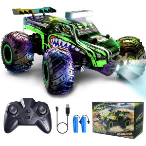 �����R�� �J�[ �M�t�g RC �������� �� Remote Control Car, Rechargeable RC Monster Truck, 2.4Ghz All Terrain Off-Road RC Cars, 20 KM/H Rc Cars with LED Bodylight and 2 Rechargeable Batteries Toys and Girls 4-7 8-12 Years Old (Green) �y���s�A