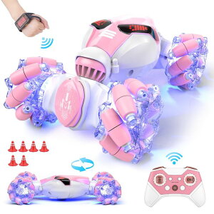 R J[ Mtg RC   Powerextra Remote Control Car, 4WD 2.4GHz RC Stunt Car, Watch Gesture Sensor Car, Double Sided Rotating Off Road Vehicle 360° Flips with 2 Batteries, Deformable Electric Car Kids Toy Cars - Pink ys