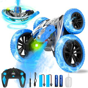 R J[ Mtg RC   Remote Control Car, 360° Rotating RC Stunt Car with Lights and Spray, 2.4Ghz 4WD Double-Sided Driving RC Car Toys for Kids, Outdoor Dinosaur Truck Gift for Boys and Girls Age 4-7,8-12 (Blue) ysA