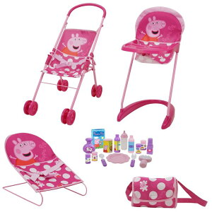 ypsbO Ă Peppa Pig: 19 Piece Doll Sleep N' Play Set - Pink & White Dots Travel, Feed, Includes Half Folding Stroller, Bouncer, Highchair, Matching Diaper/Handbag, for Kids Ages 3+ ysAiz