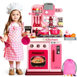 Lb` ܂܂ 䏊 DRAMATION Kids Kitchen Playset, 27.1 Inches Play Kitchen with Sound and Light, Kitchen Set for Toddlers 1-3 3-5, Cooking Stove, Play Sink and Kitchen Accessories, Toy Kitchen (Pink) ysAiz
