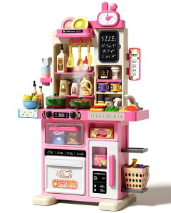 Lb` ܂܂ 䏊 33.8IN Kids Kitchen Playset, 70PCS Kid Play Kitchen with Realistic Lights & Sounds, Spray Sink Toy Kitchen Accessories, Pretend Food Toys Kitchen for Boys Girls Toddlers Age 1-3(Pink) ysAiz
