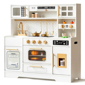 Lb` ܂܂ 䏊 Interactive Wooden Play Kitchen Set for Kids Realistic Features with Extended Storage and 15 Kitchen Accessories, Ideal Pretend Playset Gift for Toddlers and Children Ages 3+ ysAiz
