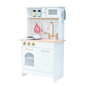 Lb` ܂܂ 䏊 Teamson Kids Little Chef Boston Compact Farmhouse Interactive Wooden Play Kitchen with Sink, Oven, Microwave and Storage Space for Easy Clean Up, White with Gold Finishes ysAiz