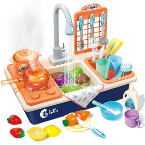 Lb` ܂܂ 䏊 CUTE STONE Pretend Play Kitchen Sink Toys with Play Cooking Stove, Pot and Pan with Spray Realistic Light and Sound, Dish Rack & Play Cutting Food, Utensils Tableware Accessories for Kids Toddlers ysAiz