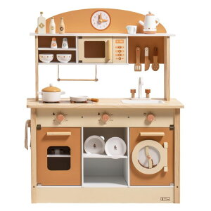 Lb` ܂܂ 䏊 ROBUD Wooden Play Kitchen for Kids Toddlers, Kids Kitchen Playset with Realistic Accessories, Toy Kitchen Set with Plenty of Play Features, Modern Style Toy Kitchen for Girls & Boys, 3+, Caramel ysAiz