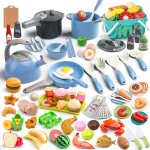 Lb` ܂܂ 䏊 Funpynani 130Pcs Kitchen Playset, Toddler Pretend Cooking Play Pots, Pans, Utensils Cookware, Daily Food Fruit Veges, Shopping Storage Basket, Dessert, Prop Money, Learning Gift for Child (Blue) ysAiz
