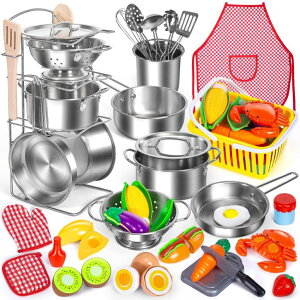 Lb` ܂܂ 䏊 Kids Pretend Play Kitchen Toys Accessories Set, 32 Items Stainless Steel Toy Pots and Pans Sets w/ Rack Organizer, Metal Cooking Utensils & Apron, Play Food w/ Basket for Kids Girls Boys Toddlers ysAiz