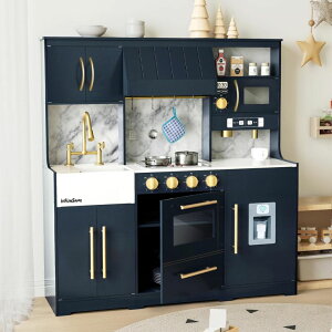 キッチン おままごと 台所 inFUNSAME Play Kitchen for kids with Various Interactive Pretend wooden Kids Kitchen playset Play Features and 14 Pcs Toddler Kitchen Accessories, Toy Kitchen Set for Boys and Girls Ages 3+(Dark Blue) 【並行輸入